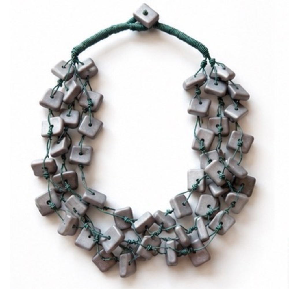 Handcrafted Multi-Strand Matte Grey Square Bead Statement Necklace Teal Cord - Picture 2 of 9